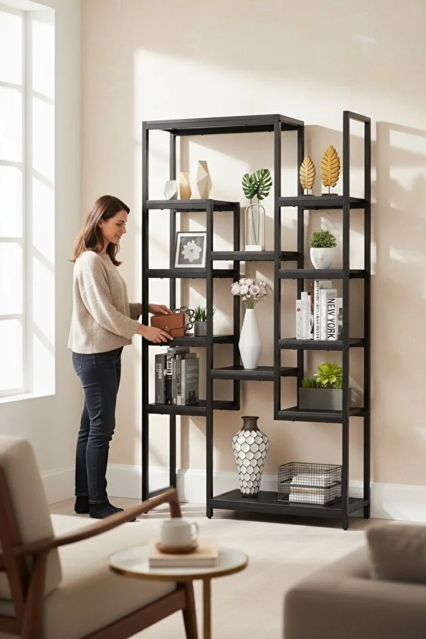 12 Raflı Metal İskeletli Kitaplık Çok Amaçlı Aksesuar Rafı Düzenleyici Raf